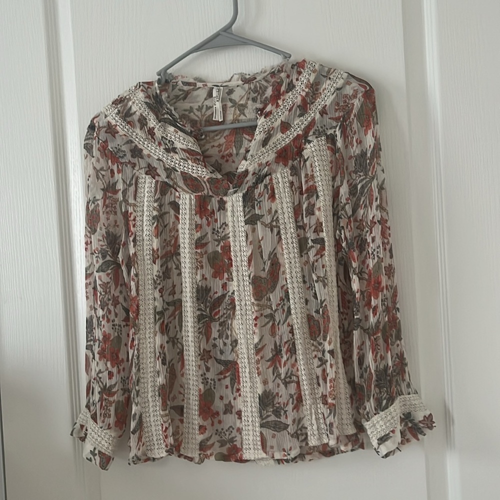 Anthropologie Feather Bone Elena Top Floral Printed Lace Sheer Blouse Button 4US - Picture 7 of 11